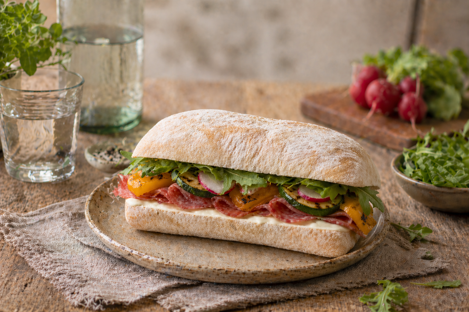 Ciabatta salami en gegrilde groenten