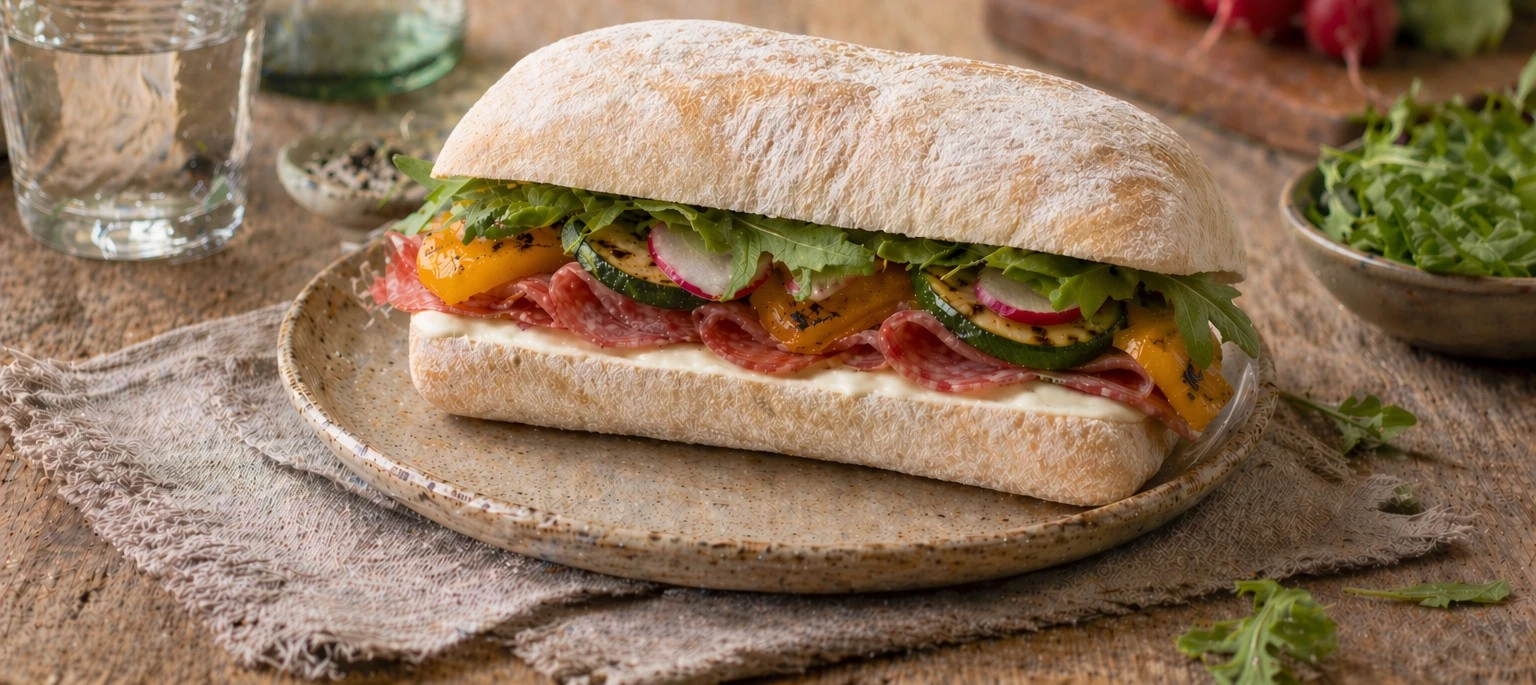 Ciabatta salami en gegrilde groenten