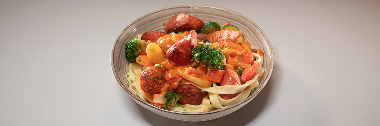 Tagliatelle Stroganoff met chorizo