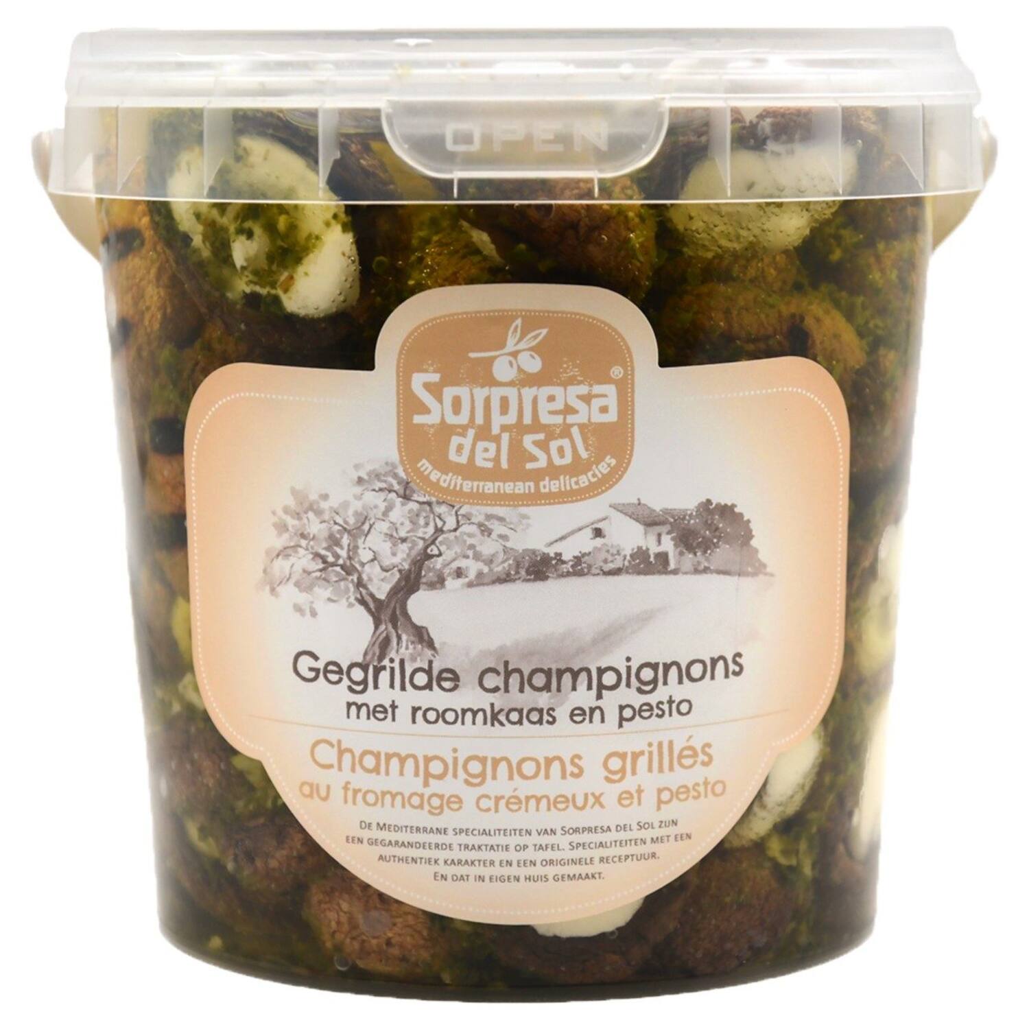 GEGRILDE CHAMPIGNONS GEVULD MET ROOMKAAS EN PESTO 700gr