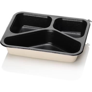 BAGASSE TRAY 227x178x45 3VAKS beige/zwart suikerriet 300st